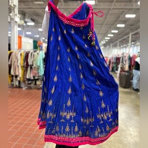 Blue and Gold Printed Ethnic Skirt with Mirror Work Embroidery